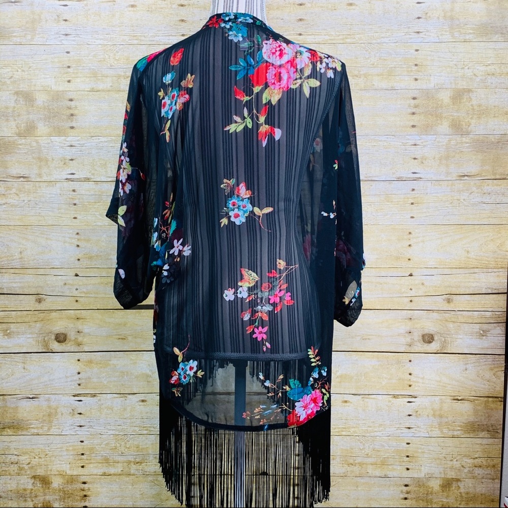 Xhilaration Kimono Sheer Black Floral Fringe XS - Picture 2 of 5